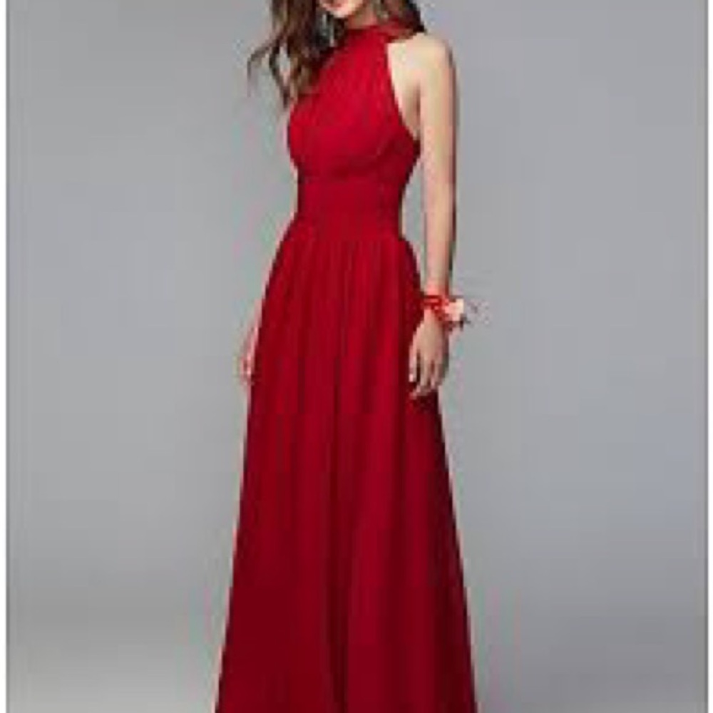 JJs House Elegant Halter Red Maxi Bridesmaid Dress
